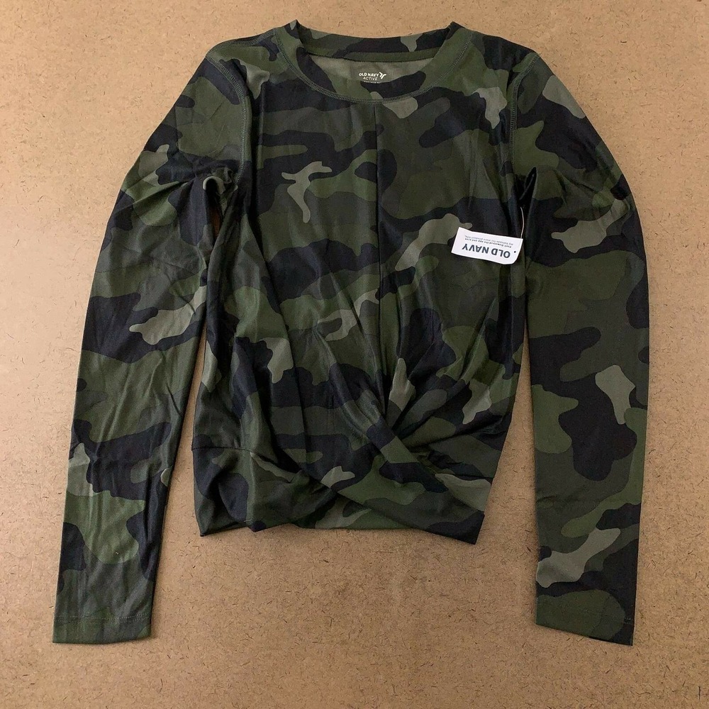 Old Navy Go-Dry Womens Breathe On Top Shirt Green Camouflage Twist Hem S New